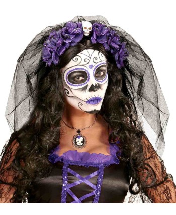 VELO NEGRO CON ROSAS MORADAS CALAVERA MEJICANA