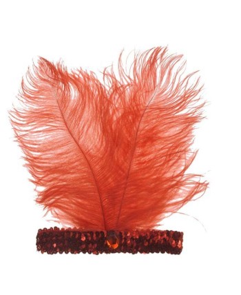 CINTA CHARLESTON ROJA CON PERLA Y 2 PLUMAS