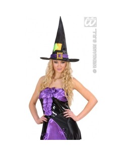 SOMBRERO BRUJA NEGRO C/CINTA MORADA Y PARCHE VERDE