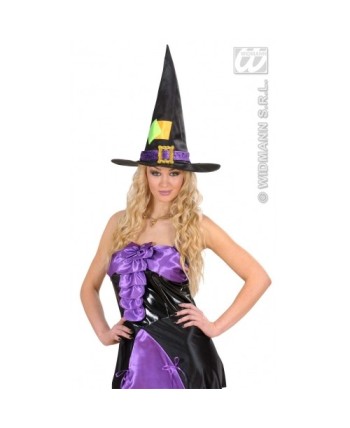 SOMBRERO BRUJA NEGRO C/CINTA MORADA Y PARCHE VERDE