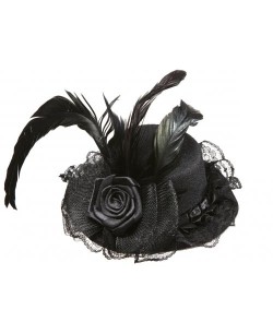 TOCADO NEGRO CON ROSA NEGRA Y PLUMAS