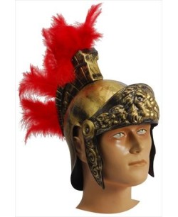 CASCO ROMANO DORADO CON PLUMAS ROJAS