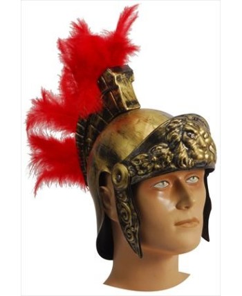 CASCO ROMANO DORADO CON PLUMAS ROJAS