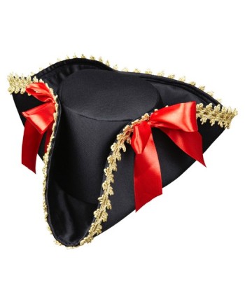 SOMBRERO TRICORNIO PIRATA NEGRO CON LAZOS ROJOS