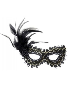 ANTIFAZ NEGRO CON DECORACIONES DORADAS Y PLUMA