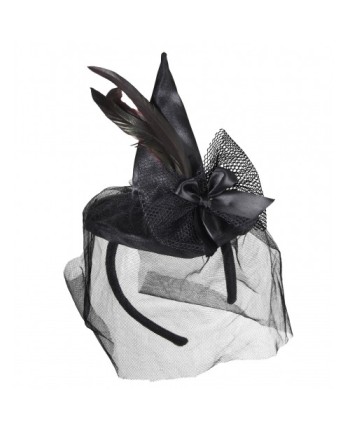 DIADEMA GORRO BRUJA NEGRO CON VELO Y PLUMA ROJIZA