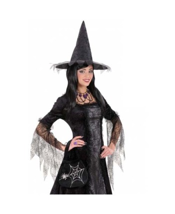 BOLSO DE TELA NEGRO CON TELARAÑAS PLATEADA