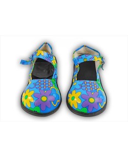ZAPATO PAYASO PROFESIONAL AZUL CON FLORES MULTICOLOR