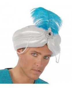 TURBANTE BLANCO CON PLUMA AZUL
