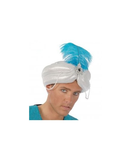 TURBANTE BLANCO CON PLUMA AZUL