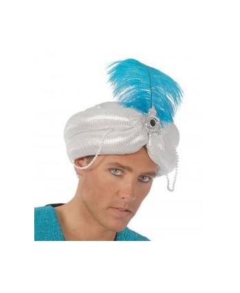 TURBANTE BLANCO CON PLUMA AZUL