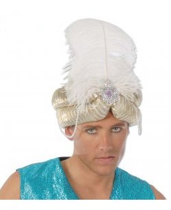 TURBANTE ORO Y PLATA CON PLUMA BLANCA