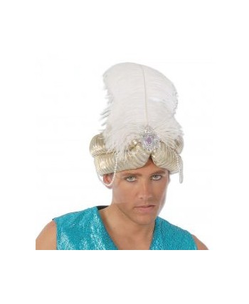 TURBANTE ORO Y PLATA CON PLUMA BLANCA