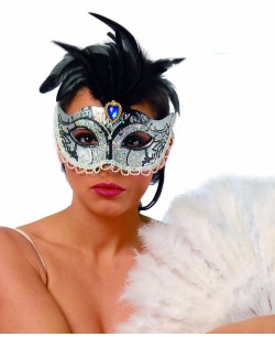 ANTIFAZ PLATA CON DECO.Y PLUMAS NEGRAS PERLA AZUL