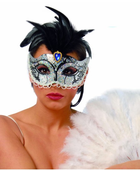 ANTIFAZ PLATA CON DECO.Y PLUMAS NEGRAS PERLA AZUL