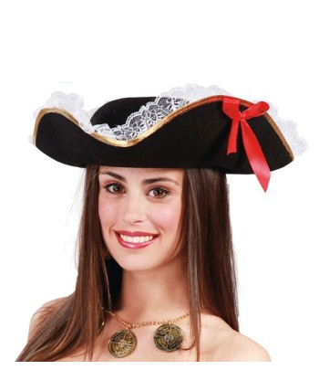 SOMBRERO PIRATA NEGRO MUJER CON LAZO Y PUNTILLA